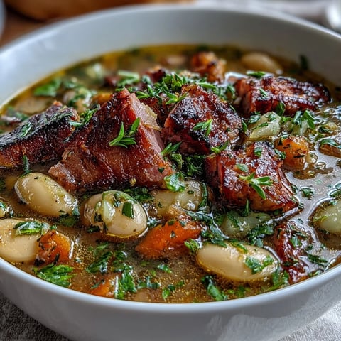 Hearty ham and lima bean soup with tender vegetables in a savory broth, perfect for chilly evenings.  
