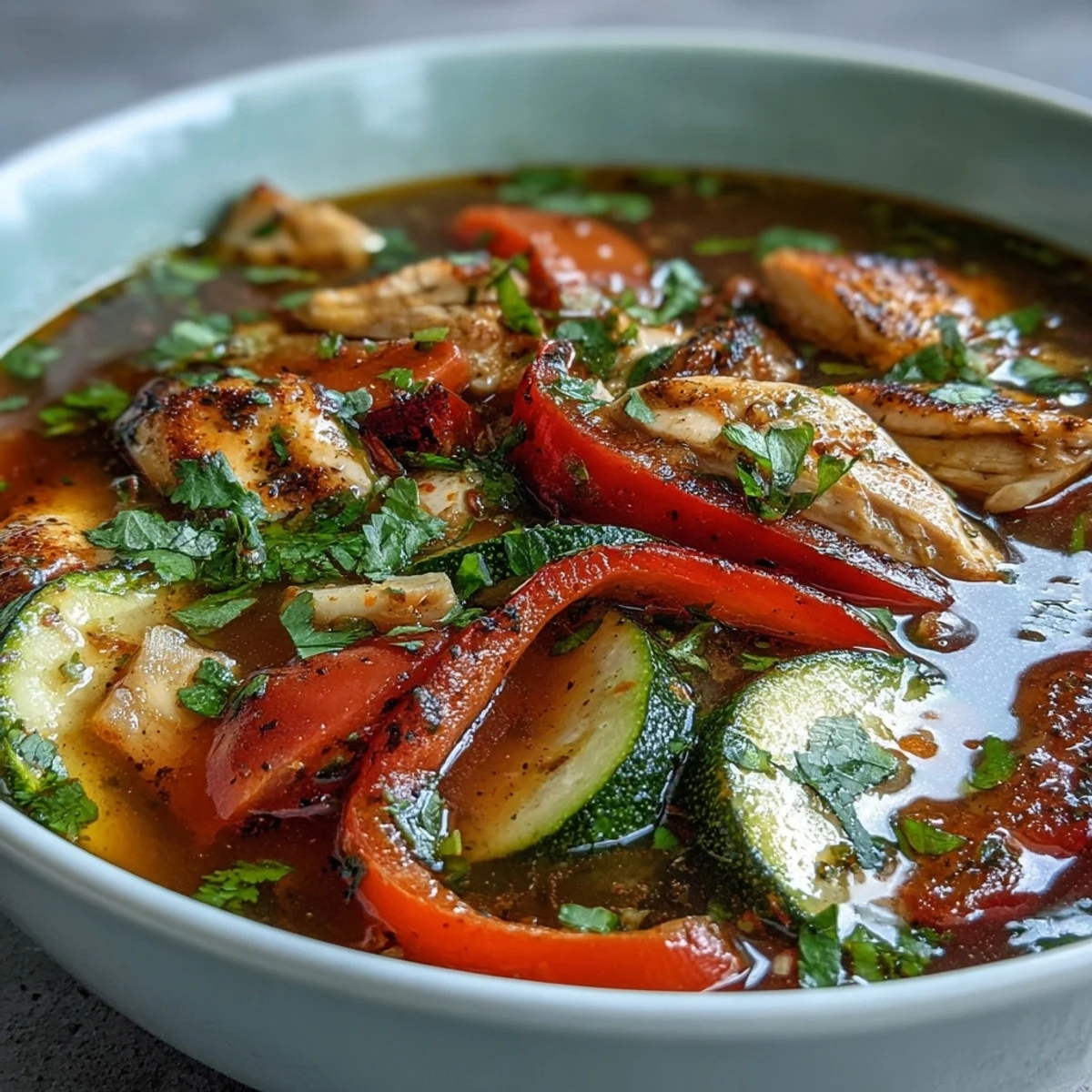 Hearty one-pot chicken fajita soup with tender chicken, zucchini, and colorful peppers simmered in bold Tex-Mex spices.  