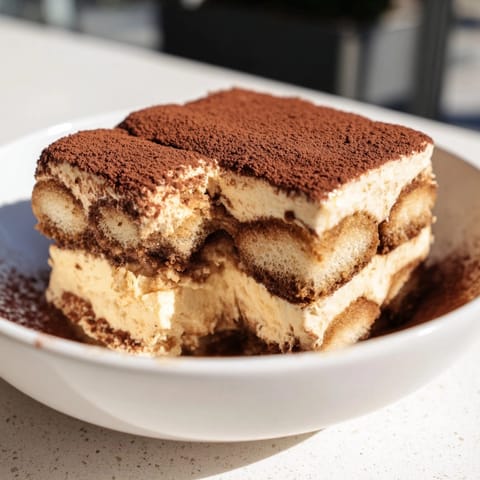 Close-up of a luscious classic tiramisu, dusted cocoa showing soft layers and texture.