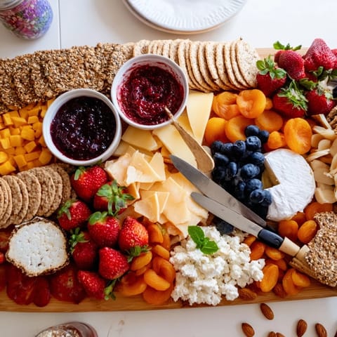Delicious jam-infused brunch board styled with vibrant fruits and rich cheeses.  