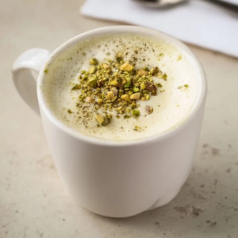 Homemade pistachio milk latte showcasing vibrant green hues and rich flavors.  