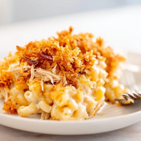 Baked Classic Mac & Cheese with BBQ Chicken, golden and bubbling, perfect for family dinners.  