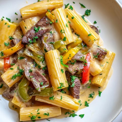 Creamy Philly cheesesteak pasta, tossed with peppers; a delicious, cheesy American dinner.
