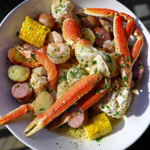 Vibrant image of a huge seafood boil overflowing with crab legs and shrimp, served family style.