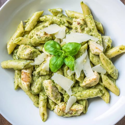 A close-up of Creamy Pesto Penne & Chicken, an Italian comfort food dish with Parmesan cheese.