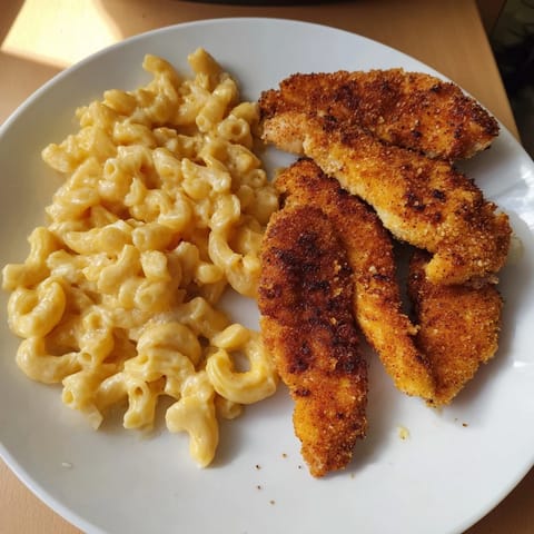 A close-up of crispy chicken tenders paired with cheesy macaroni, ready to be enjoyed.