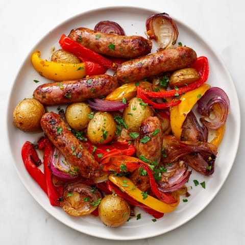 Golden-brown Sheet-Pan Sausage with Peppers, with potatoes and onions, ready for serving with fresh parsley.