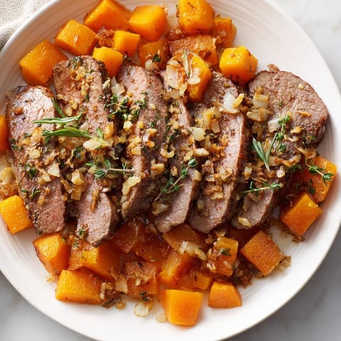 Savory slices of garlic-herb steak alongside roasted butternut squash in these colorful bowls.