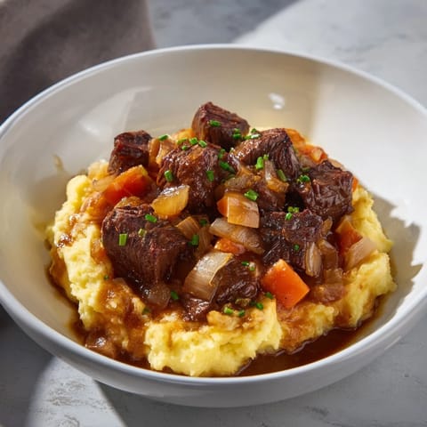 Fork-tender beef swimming in rich sauce, ladled over cheddar mashed potatoes: Fall Apple Cider Stew Mash.