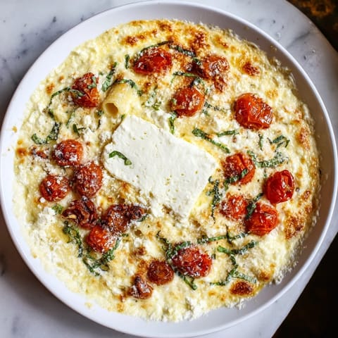 A bubbling baking dish of Four-Cheese Baked Block Pasta, richly cheesy and seasoned with herbs, steaming hot.