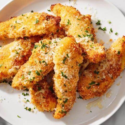 Crispy Garlic Parmesan Chicken Tenders, baked to perfection with a garlic-butter glaze and parsley.