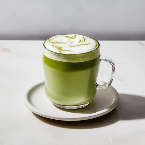 A photo shows the bright green Coconut Ginger Matcha Winter Immunity Latte, perfect for a cozy afternoon.
