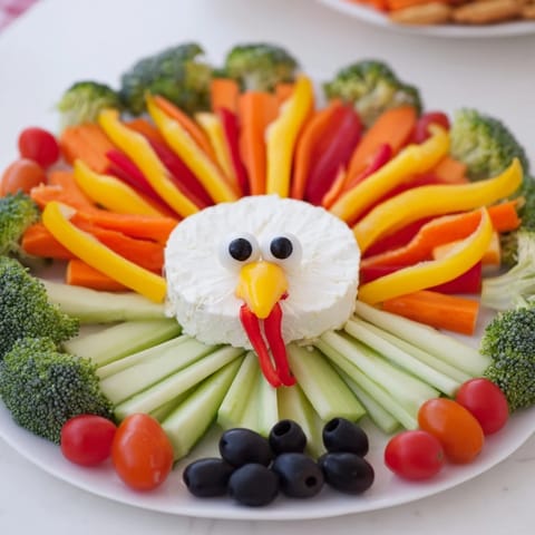 A colorful Turkey Shaped Appetizer Tray: imagine crisp, fresh veggies and creamy cheese ready to enjoy.