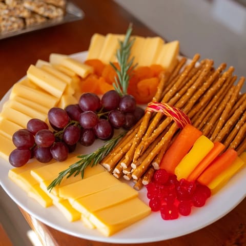 The festive "Flickering Fire Log Snack Board" tempts with cheese logs and colorful fruit flames, perfect for sharing.