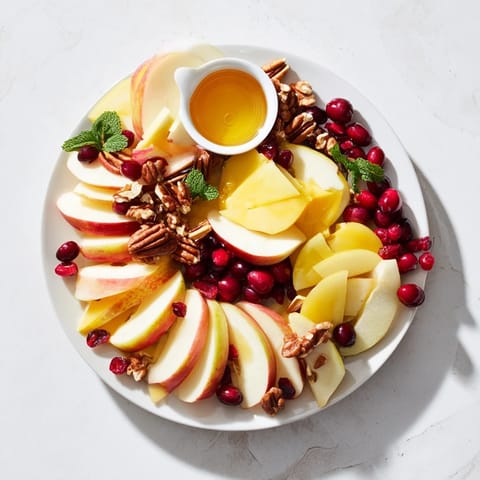 Vibrant arrangement: an Apple Orchard Fruit Board offering fresh fruits, honey, and perfectly toasted nuts.