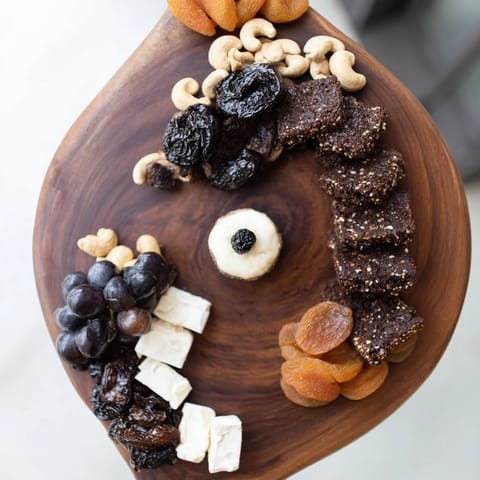 This Yin and Yang Balance Board displays olives, cheese, and fruit, creating a visually appealing snack platter.