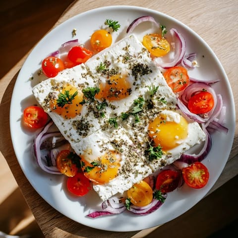 Warm, golden Mediterranean Baked Feta & Eggs with visible runny yolks and herbs, ready to be enjoyed.