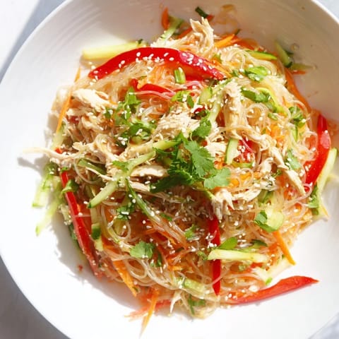 This Chilled Chicken Noodle Salad presents a refreshing, dairy-free lunch, perfect for a summer afternoon.