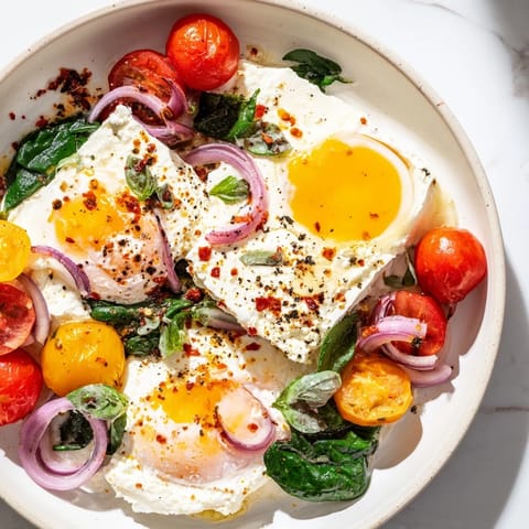 A close-up of baked feta eggs, a Mediterranean breakfast with soft feta, tomatoes, and runny yolks.
