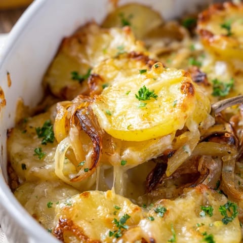 A rustic baking dish showcases golden French Onion Soup Potatoes with melted cheese pull, fresh thyme, and rich, savory aromas.