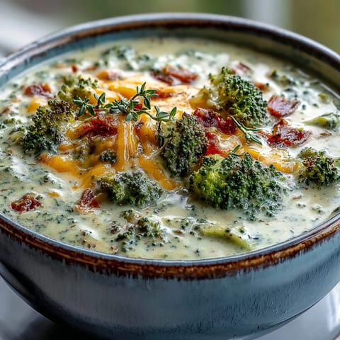 Close-up of creamy Roasted Broccoli Cheddar Soup in a white bowl, garnished with grated sharp cheddar. 