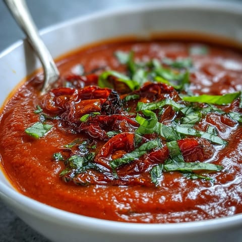 Oven-roasted tomatoes, garlic, and onions simmered with basil for rich Roasted Tomato Basil Soup, served with crunchy croutons.