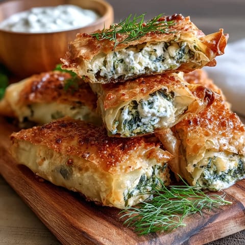 A close-up of freshly fried Spanakopita Spring Rolls highlights the crunchy exterior and creamy ricotta and spinach mixture inside, served with lemon wedges.