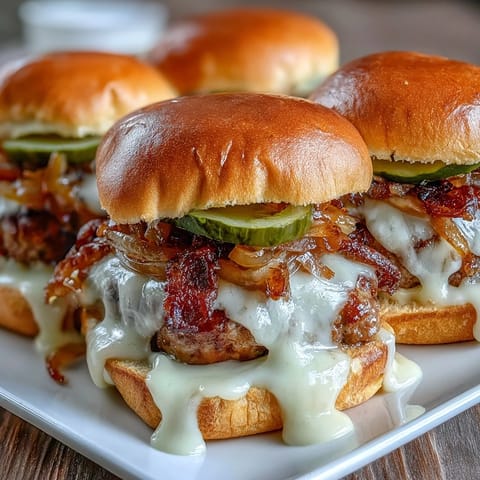 Freshly baked Touchdown Brat Sliders with toasted sesame seed buns, tangy pickles, and a rich beer cheese sauce drizzle for game day.  