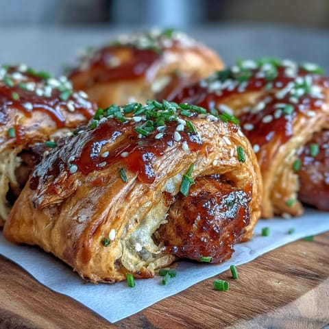 A close-up of a flaky Pepper Jelly Hogs in a Blanket ready to be enjoyed.