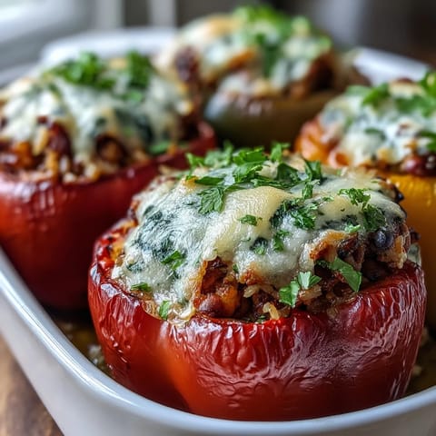 Savory Black-Eyed Pea Stuffed Peppers served warm from the oven, featuring melted cheese and a colorful vegetable medley.