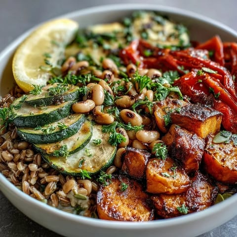 Hearty Black-Eyed Pea Grain Bowl featuring caramelized vegetables, creamy farro, and a lemon wedge ready to squeeze. 