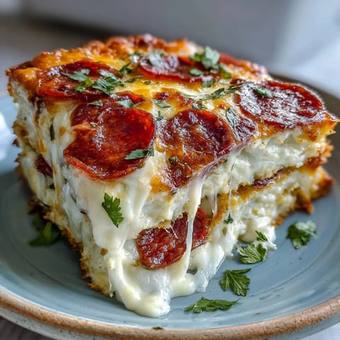 Freshly baked High-Protein Pizza Breakfast Casserole with golden cheese, turkey pepperoni, and fluffy eggs on a crispy Greek yogurt crust.