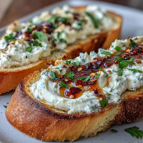 Golden-baked Hot Honey Ricotta Garlic Bread showcases a creamy garlic spread, crispy crusty edges, and a glistening spicy-sweet honey drizzle.