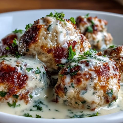 Tender Creamy Garlic Ranch Turkey Meatballs coated in rich, velvety sauce, served over fluffy mashed potatoes for a comforting meal.