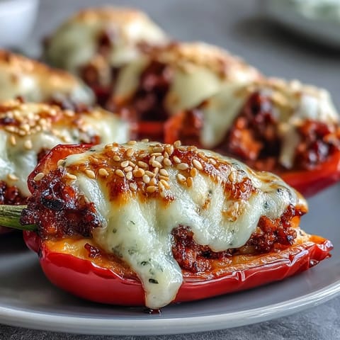 Fresh-baked Korean-Style Turkey Stuffed Sweet Peppers with melty mozzarella topping and toasted sesame seeds.
