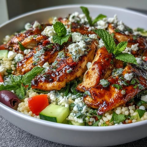 A close view of Mediterranean pearl couscous chicken bowls topped with juicy chicken, olives, tomatoes, and feta.