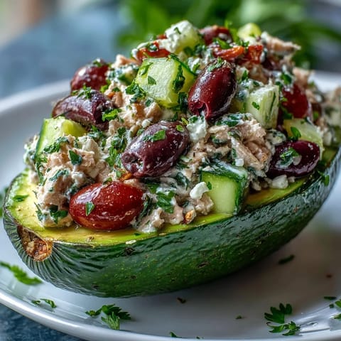 Mediterranean tuna salad stuffed avocados with fresh herbs, olives, and feta cheese.
