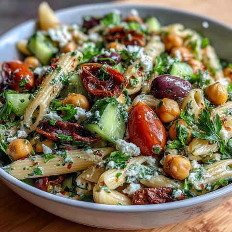 Fresh and zesty Mediterranean chickpea pasta salad topped with feta, tomatoes, and parsley for a vibrant vegetarian meal.  