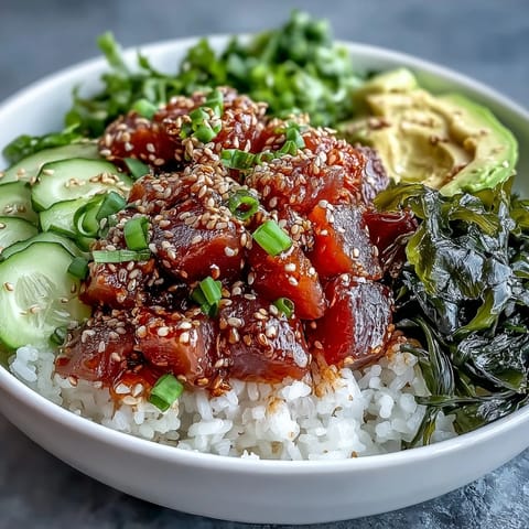 Vibrant Hawaiian poke bowl featuring spicy tuna, fresh seaweed salad, and crunchy edamame on a bed of sushi rice.  