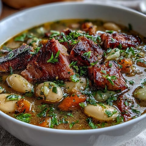 Hearty ham and lima bean soup with tender vegetables in a savory broth, perfect for chilly evenings.  