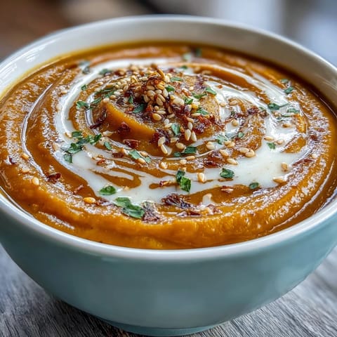 Creamy Miso Butternut Squash Soup with roasted vegetables and savory miso paste, garnished with coconut cream and sesame seeds.