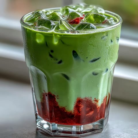 Strawberry Matcha Iced Latte with oat milk, a vibrant layered drink featuring sweet strawberry puree and earthy matcha green tea.