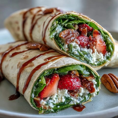 Fresh strawberry spinach wraps with creamy goat cheese crumble and balsamic glaze, perfect for a light lunch.  