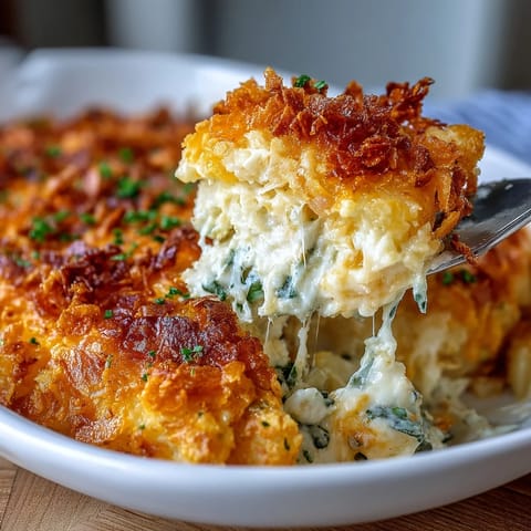 Creamy jalapeño cheddar funeral potatoes baked to golden perfection with a crispy cornflake topping.