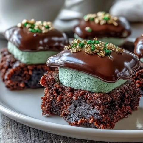 Rich fudgy brownie bites topped with chocolate marshmallow hats and gold sprinkle buckles, ideal for holiday dessert tables.