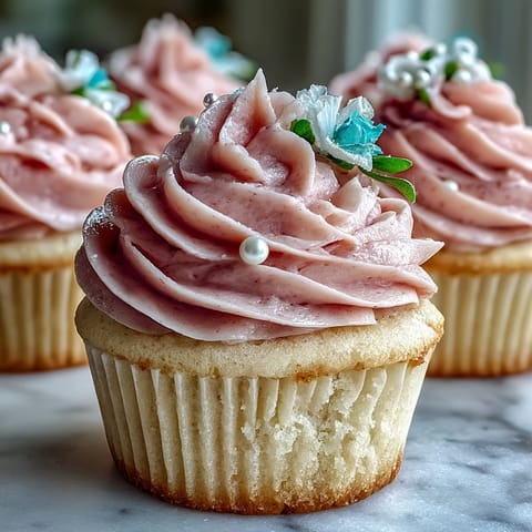 Bridal Shower Vanilla Cupcakes with Pink Frosting, fluffy and topped with creamy pastel buttercream for a festive celebration.