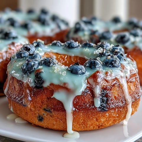 Golden-brown blueberry protein bagels topped with tangy lemon glaze, bursting with juicy berries.  