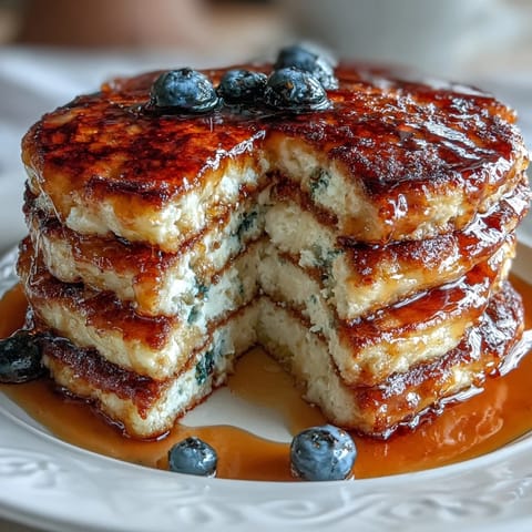 Golden brown cottage cheese pancakes studded with sweet blueberries, offering a delicious and nutritious start to your day.  
