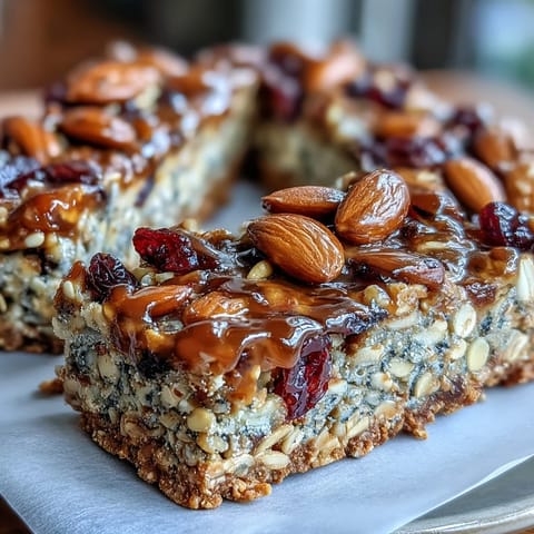 Wholesome trail mix bars with oats, honey, nuts, and dried fruit, baked to chewy perfection for healthy snacking.