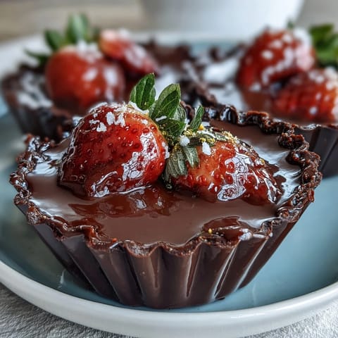 Dubai Chocolate Strawberry Cups with Pistachio Crunch: Elegant dessert featuring fresh strawberries nestled in rich chocolate cups, topped with buttery pistachio crunch and edible gold leaf.